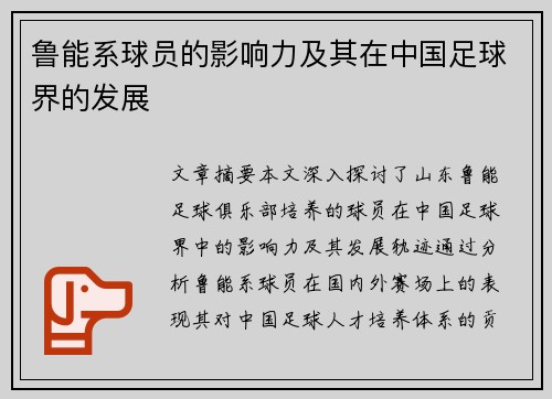 鲁能系球员的影响力及其在中国足球界的发展